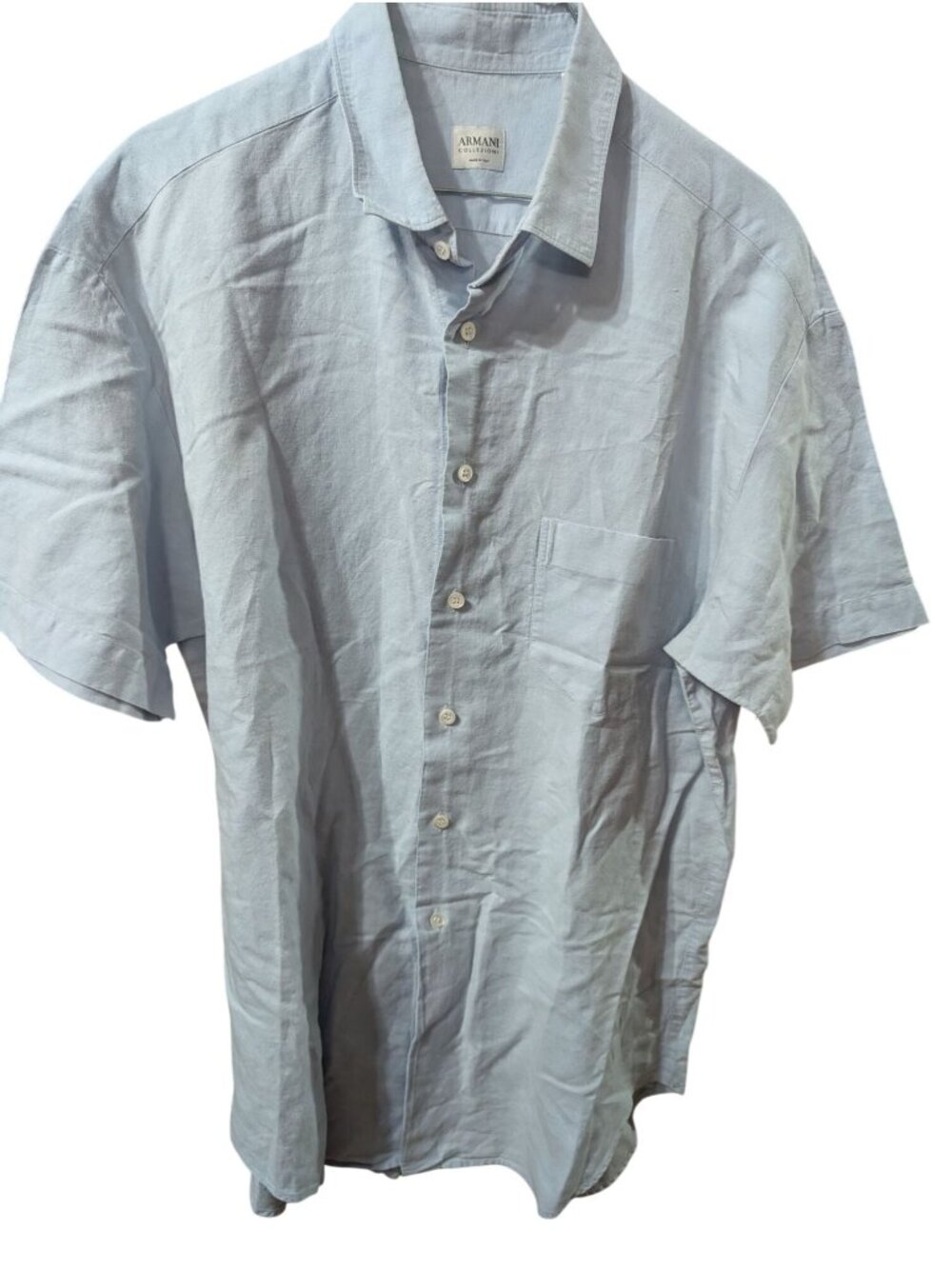 Armani Collezioni Mens Light Blue Short-Sleeve Linen Blend Button Up Shirt sz L